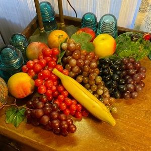 Vtg Mid-century Fake Rubber Plastic Fruit Grapes Bananas Apples Peaches